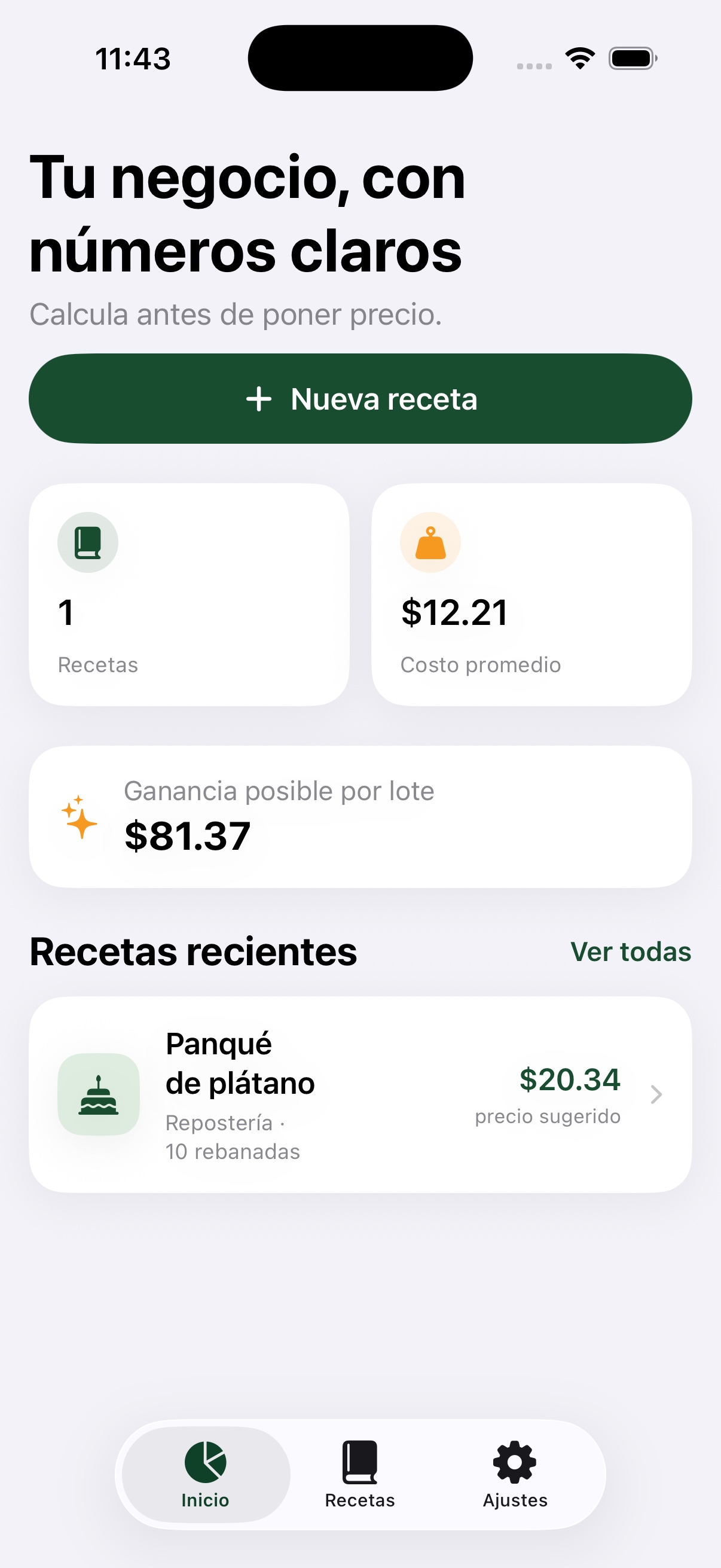 Pantalla principal de Costea con costos y precio sugerido